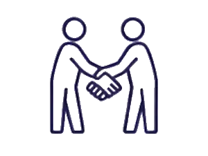 Two outlined figures in dark blue shaking hands, symbolizing agreement or partnership.