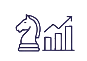 Outline illustration of a chess knight piece beside a rising bar graph with an arrow.
