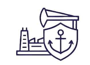 Illustration of an oil rig with a shield featuring an anchor symbol in front.