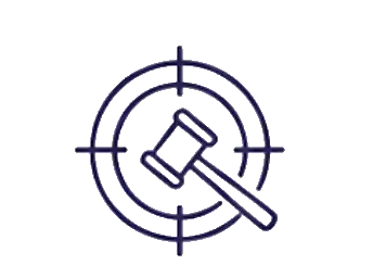 Icon of a dark blue gavel centered within a circular target symbol on a transparent background.