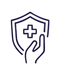 Outline of a shield with a medical cross and a hand beneath it in dark blue.