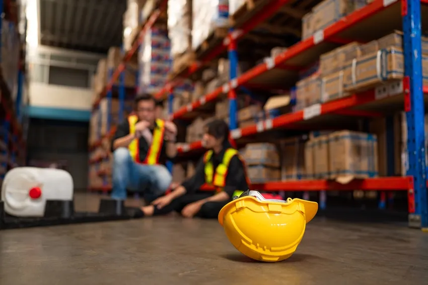 Yellow safety helmet placed on warehouse floor with two workers in reflective vests seated in the background.